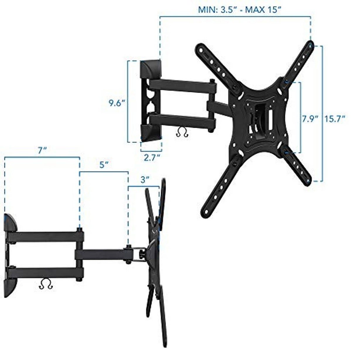Black full-motion TV wall mount with side bracket, pull-out arms, and base plate