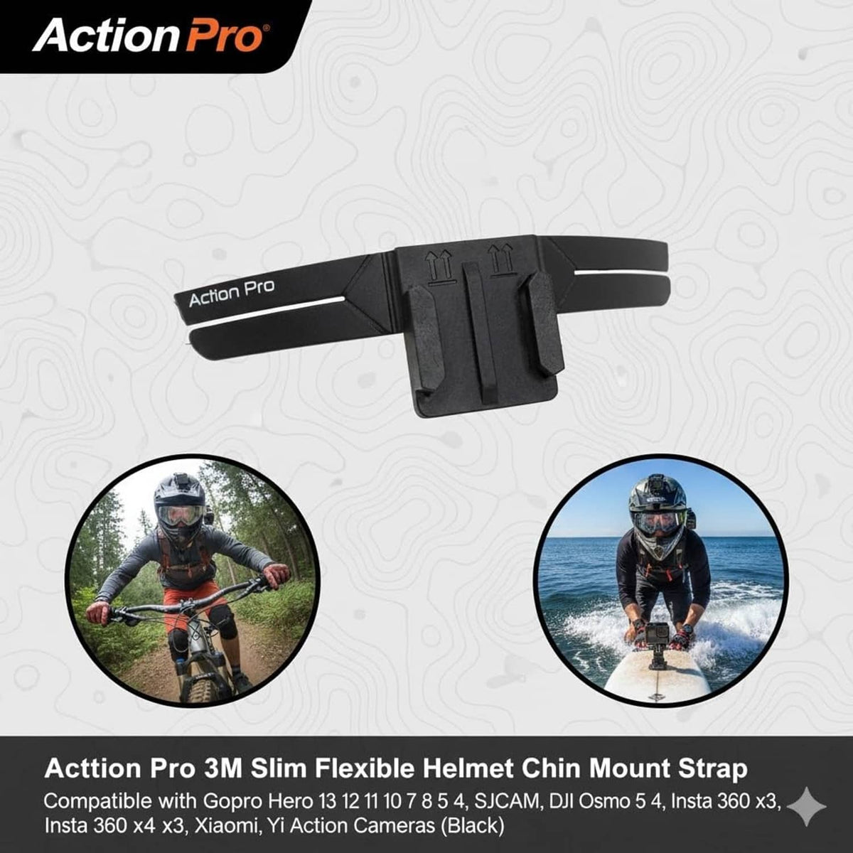 Action Pro black slim flexible helmet chin mount strap device with mounting pads