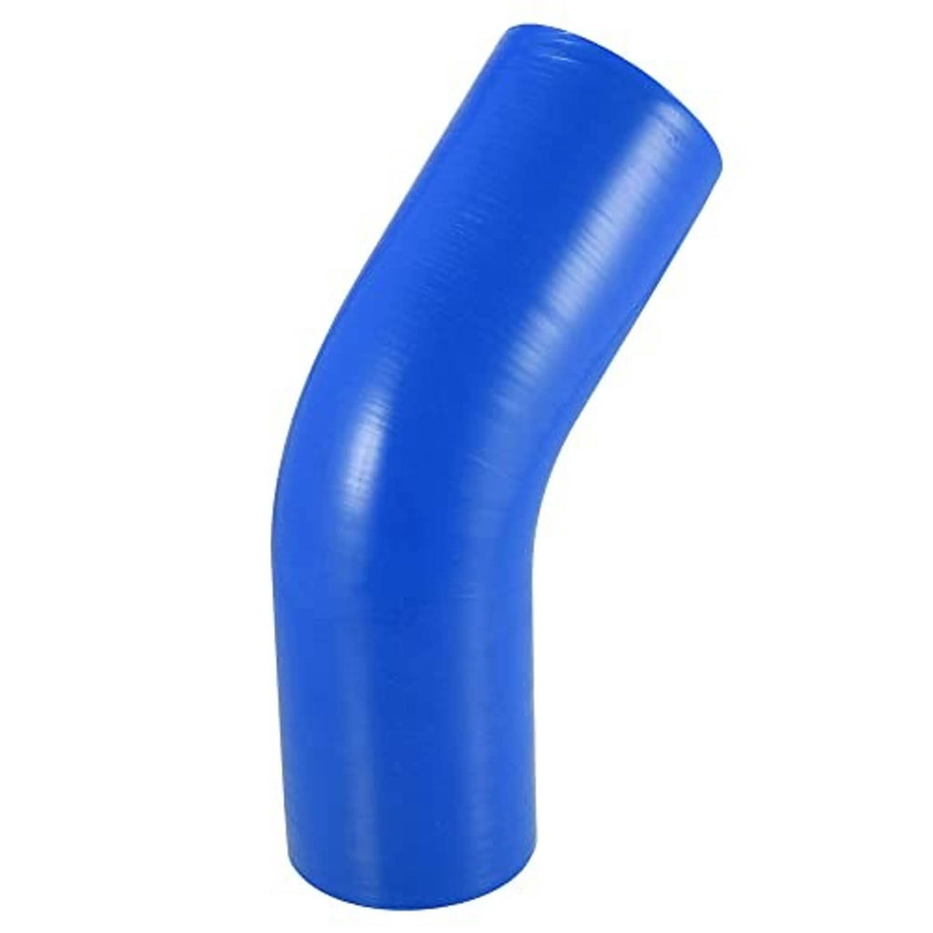 Blue 45-degree silicone hose elbow coupler, textured silicone finish, 70mm ID
