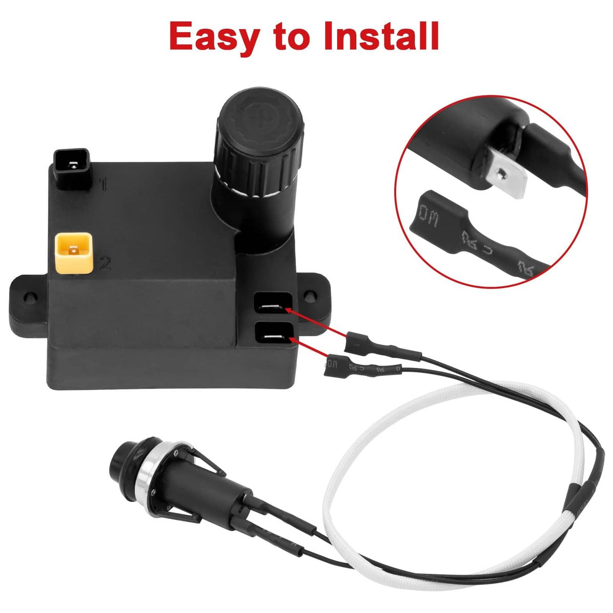 Grill igniter module and wire harness with push-button cap and plug-style connector