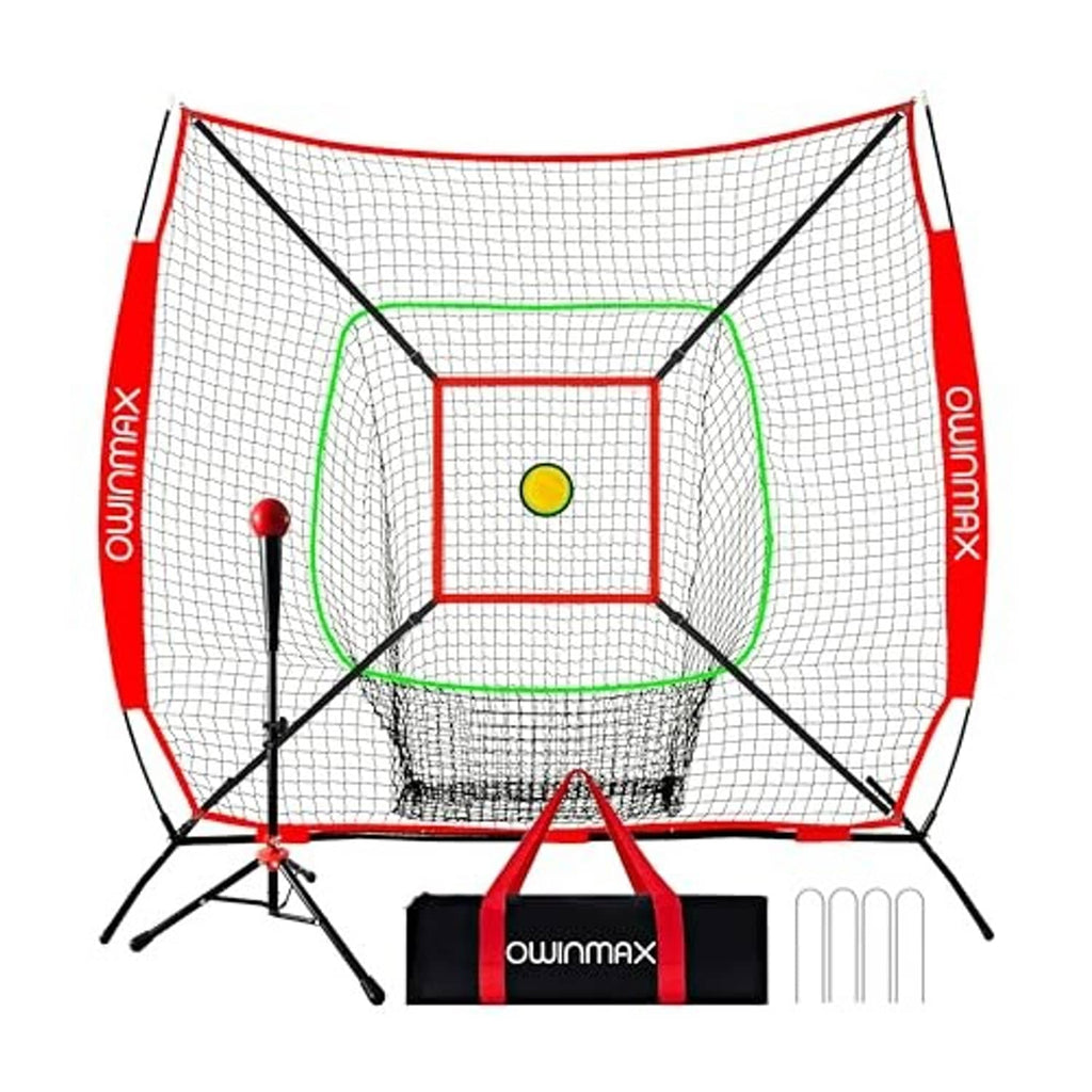 Baseball strike training net with circular target, support poles, and batting tee