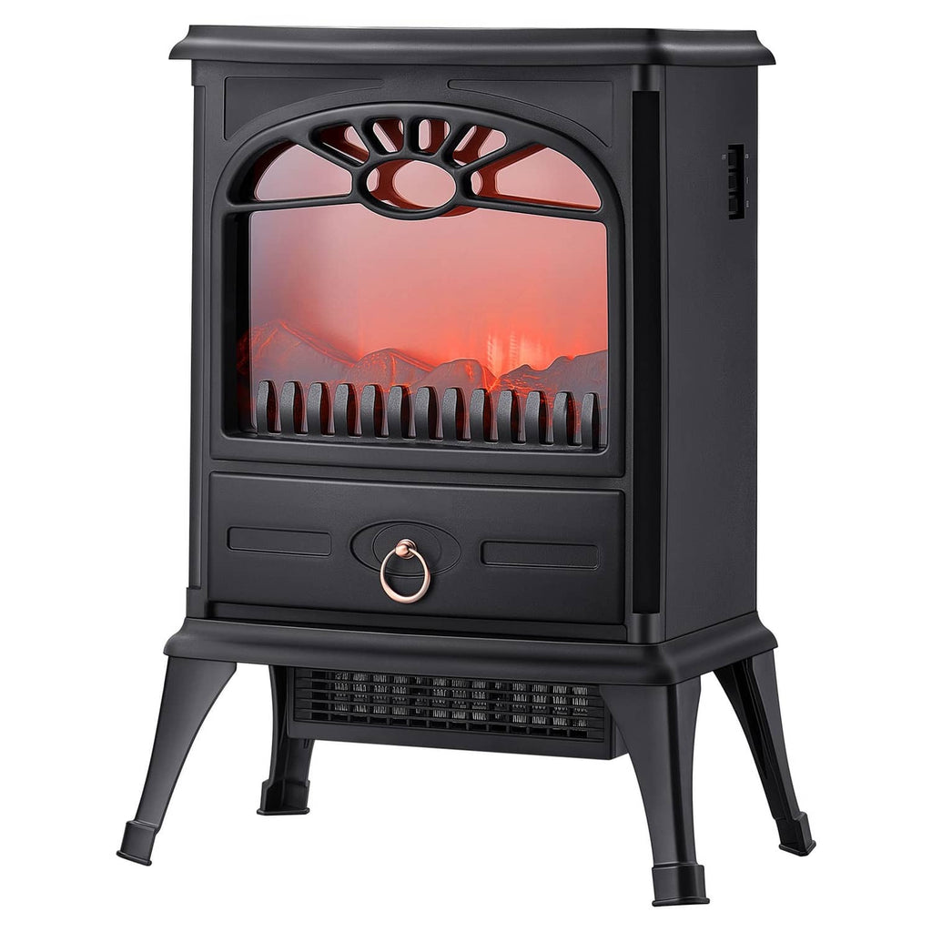 Black freestanding electric fireplace heater with glowing flame display and control knob