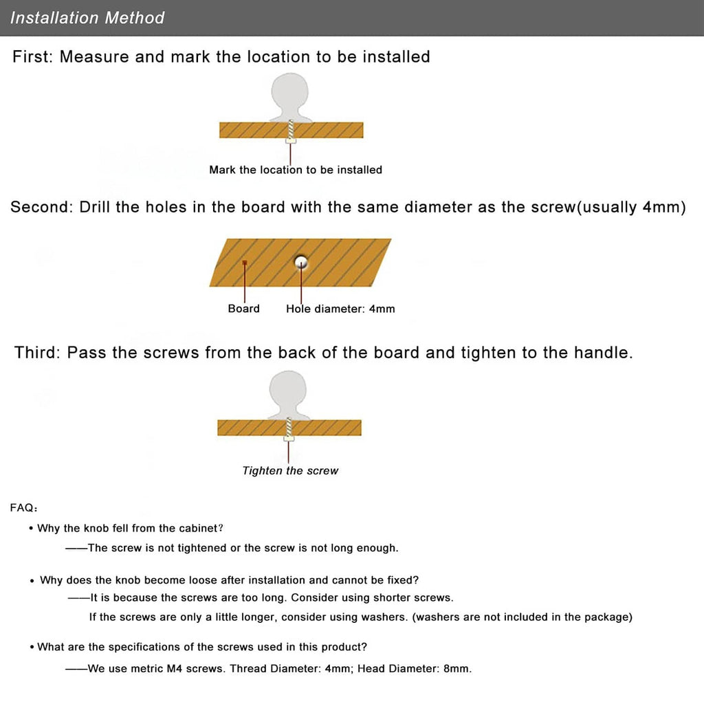 Installation method diagram: drill holes and tighten screws for gold decorative crystal knobs