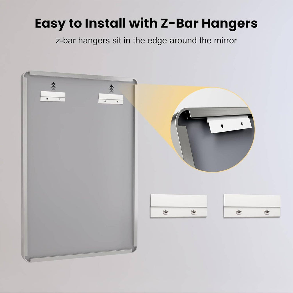 Bathroom mirror back with Z-bar hangers and brushed nickel frame for easy wall mounting