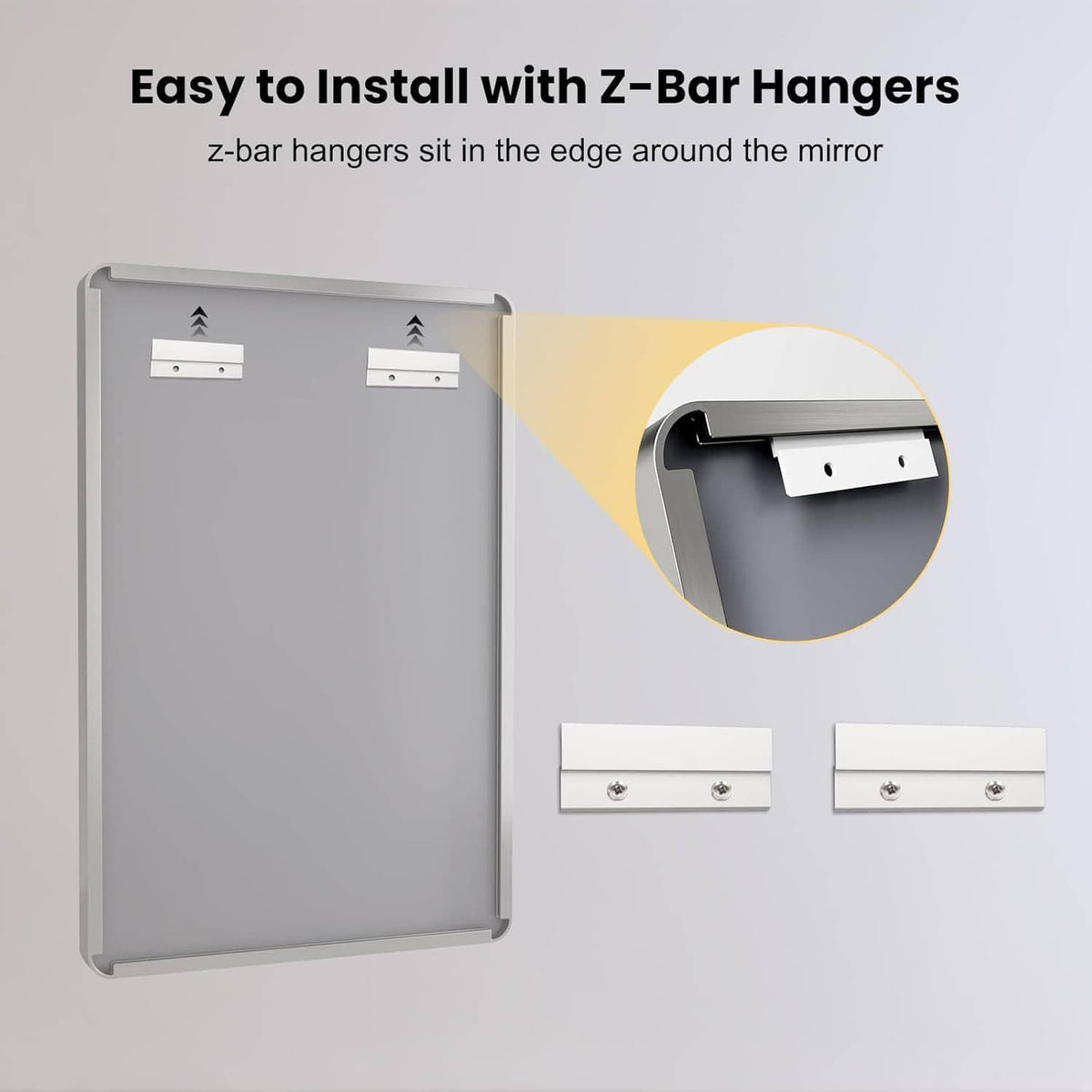 Bathroom mirror back with Z-bar hangers and brushed nickel frame for easy wall mounting
