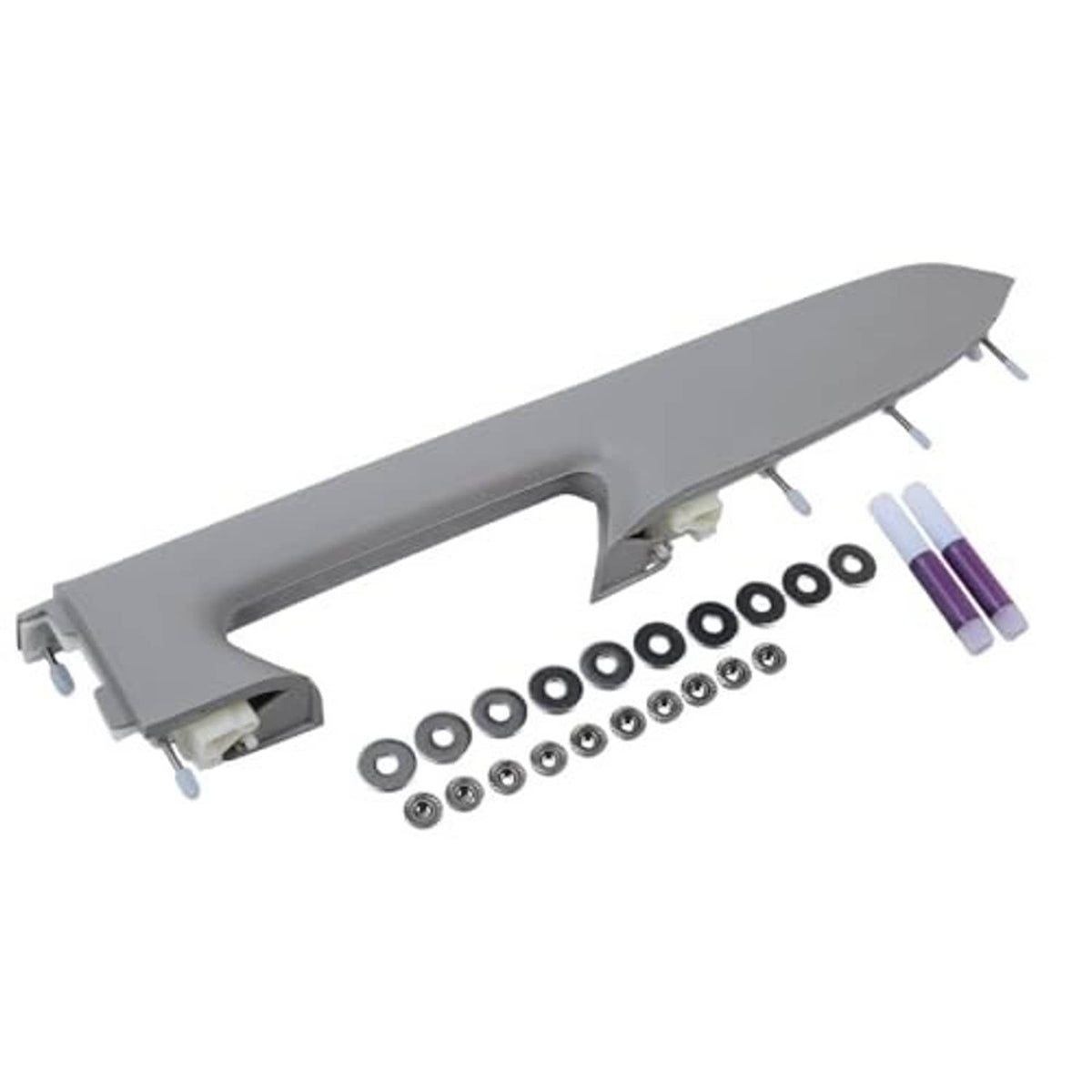 Gray armrest handle with mounting bracket plus screws and purple/white plastic tools