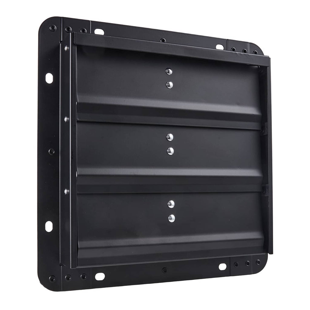 Wall-mount shutter exhaust fan with solid black front panel and mounting holes