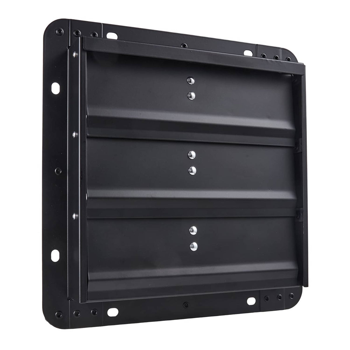 Wall-mount shutter exhaust fan with solid black front panel and mounting holes