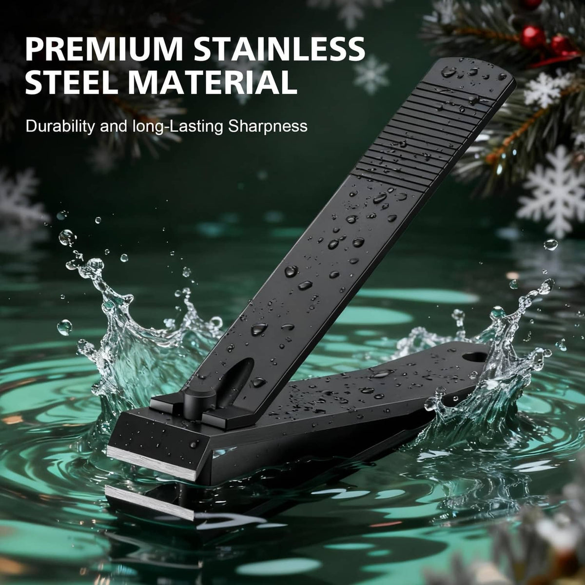 Black straight-edge toenail clippers with water droplets on the blade