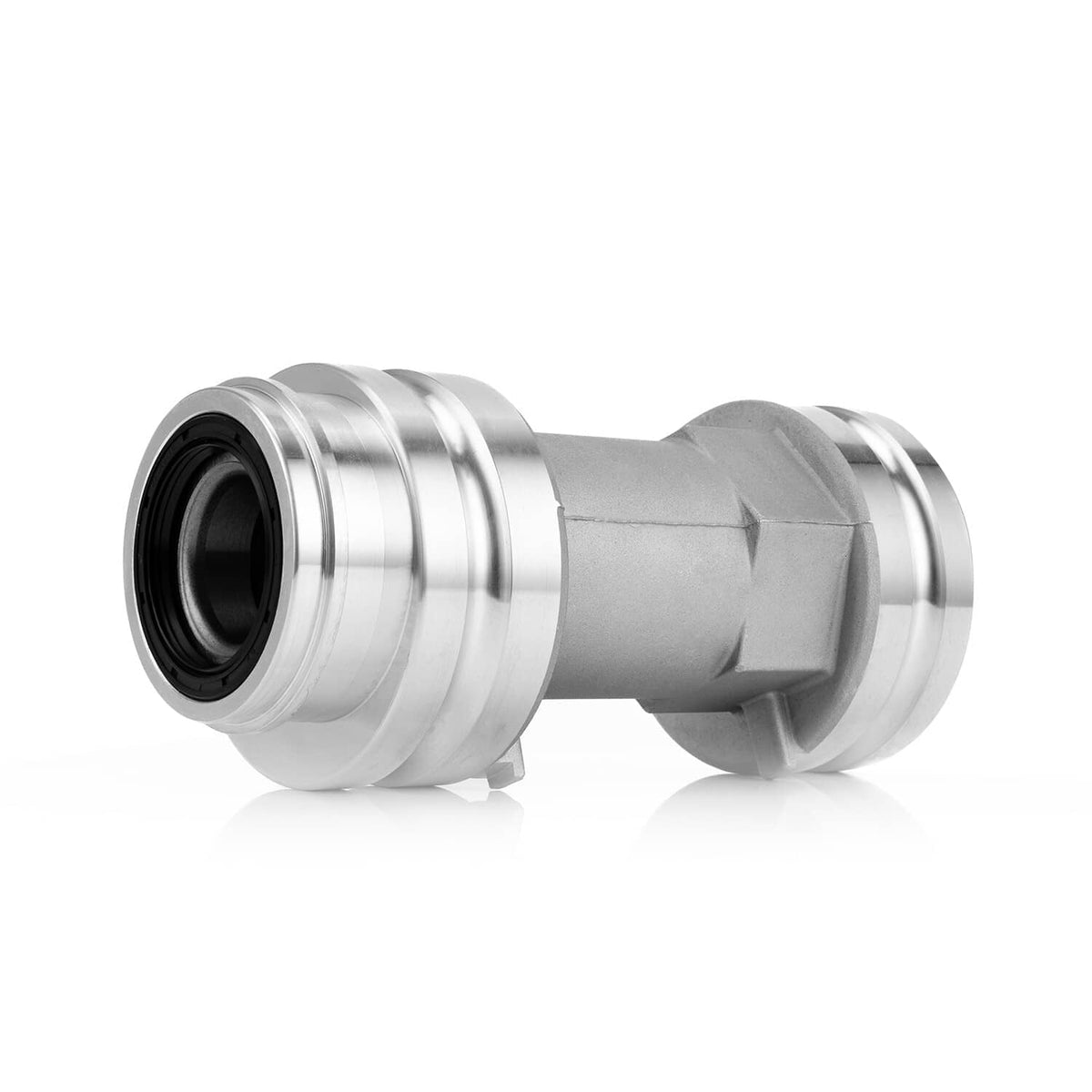 Rear axle bearing housing carrier hub, silver metal axle hub with black seal opening