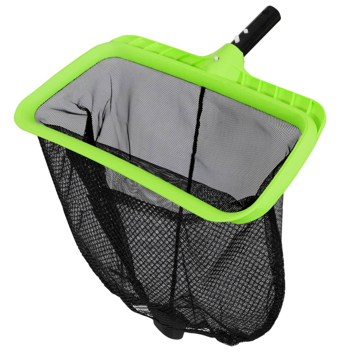 Green plastic leaf skimmer net with double-layer mesh and black handle grip.
