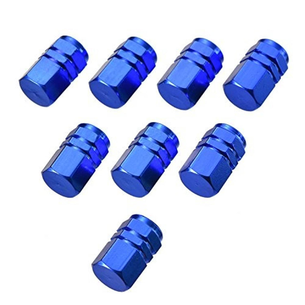 Blue hex aluminum tire valve stem caps laid out, 8-piece set
