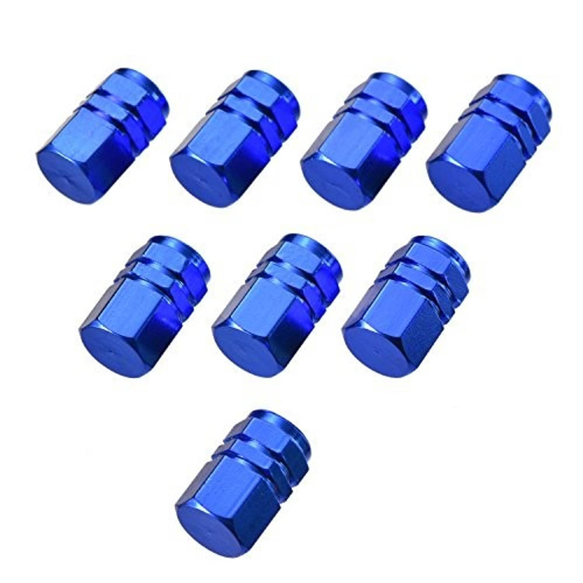 Blue hex aluminum tire valve stem caps laid out, 8-piece set