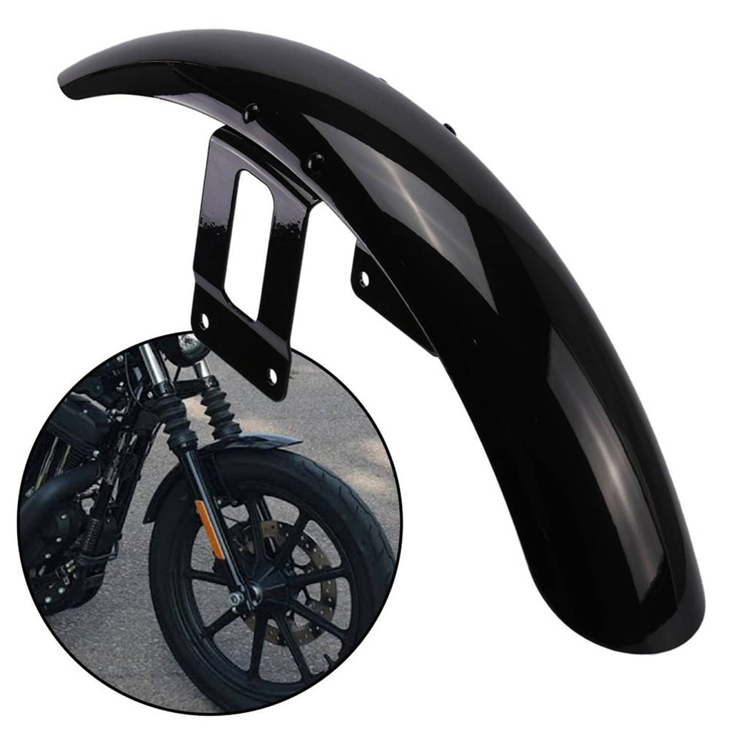 Front fender mudguard cover in glossy black, with mounting brackets for Harley Sportster