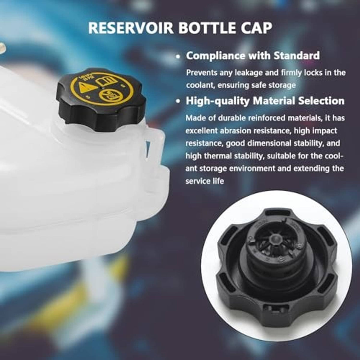 Black and yellow reservoir bottle cap for coolant tank