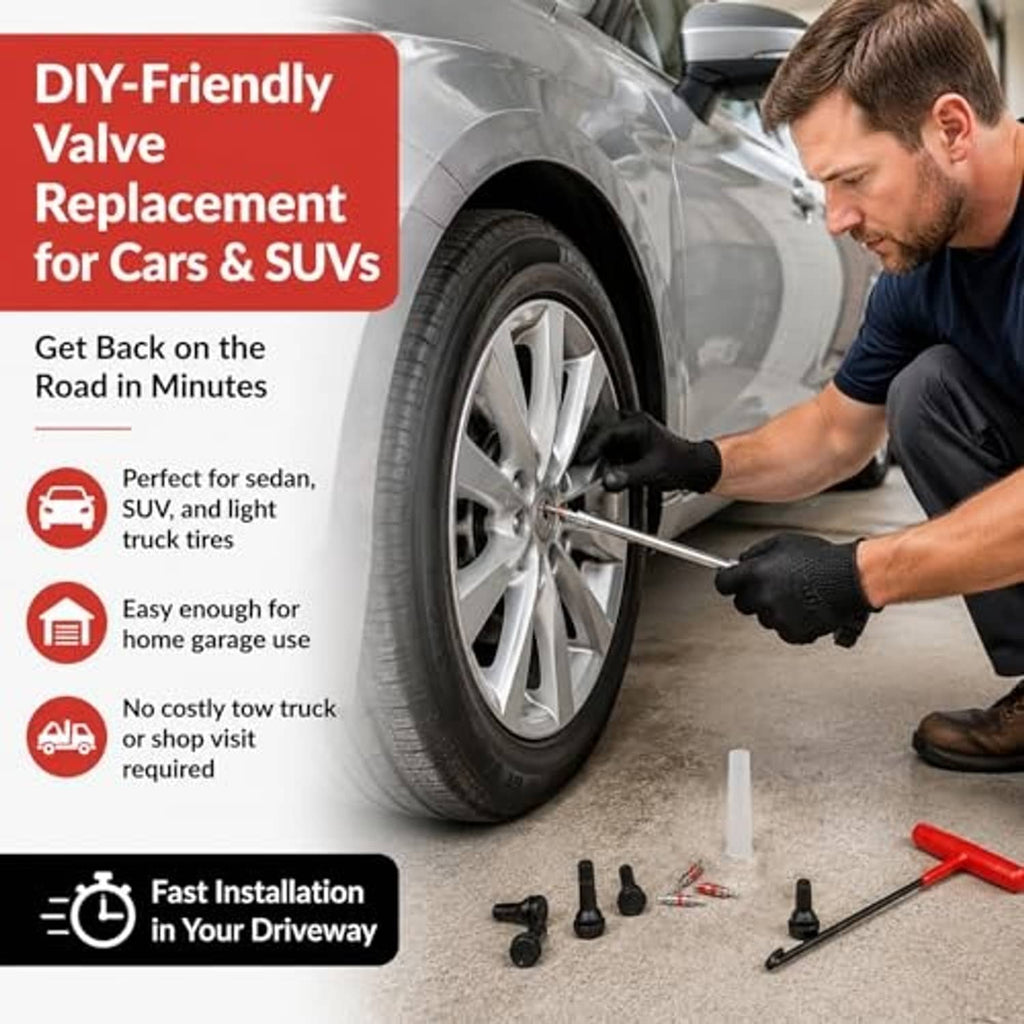 DIY tire valve replacement tool kit laid out near a car tire on a driveway
