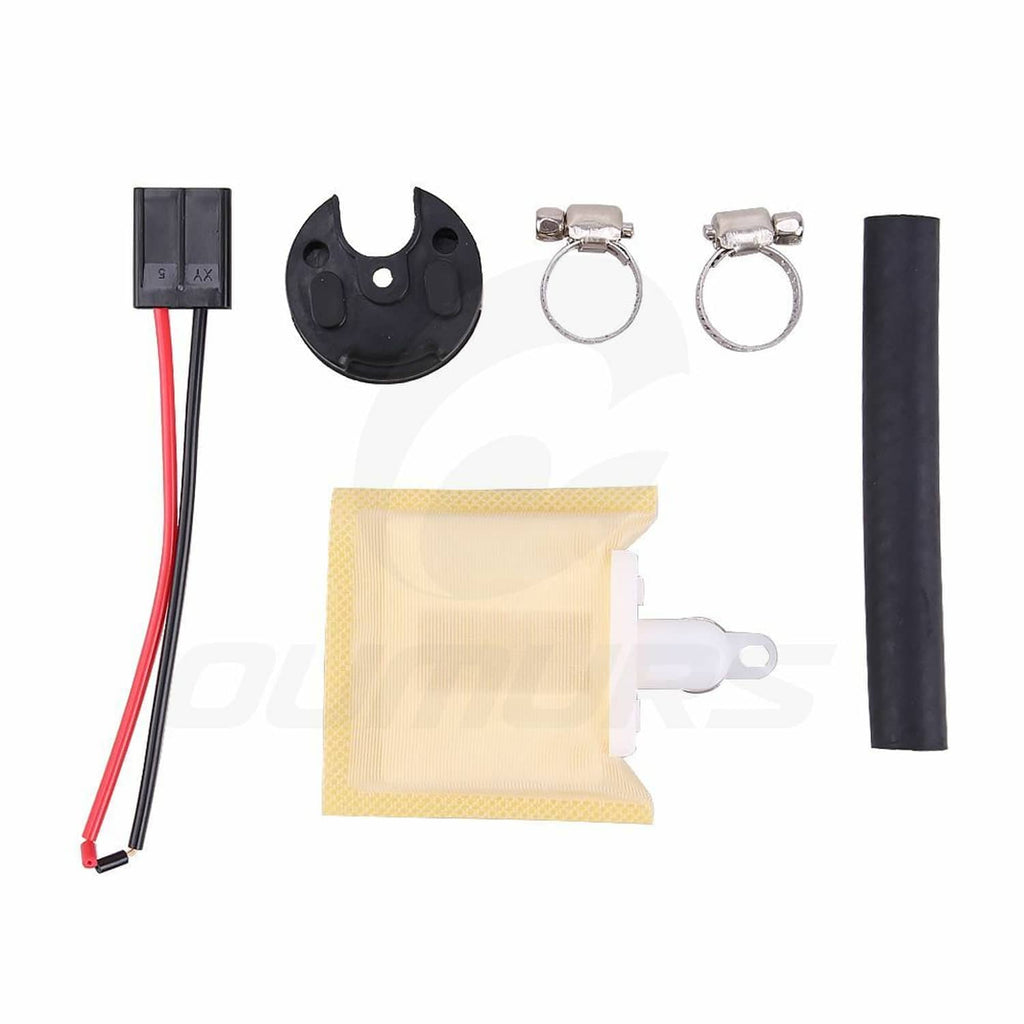 Fuel intank pump kit contents: pump parts, clamps, rubber cap, and wiring harness
