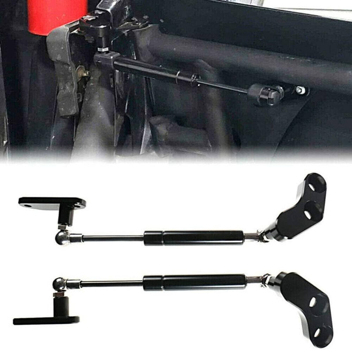 Black gas door strut set with mounting brackets and hardware for door opener kits