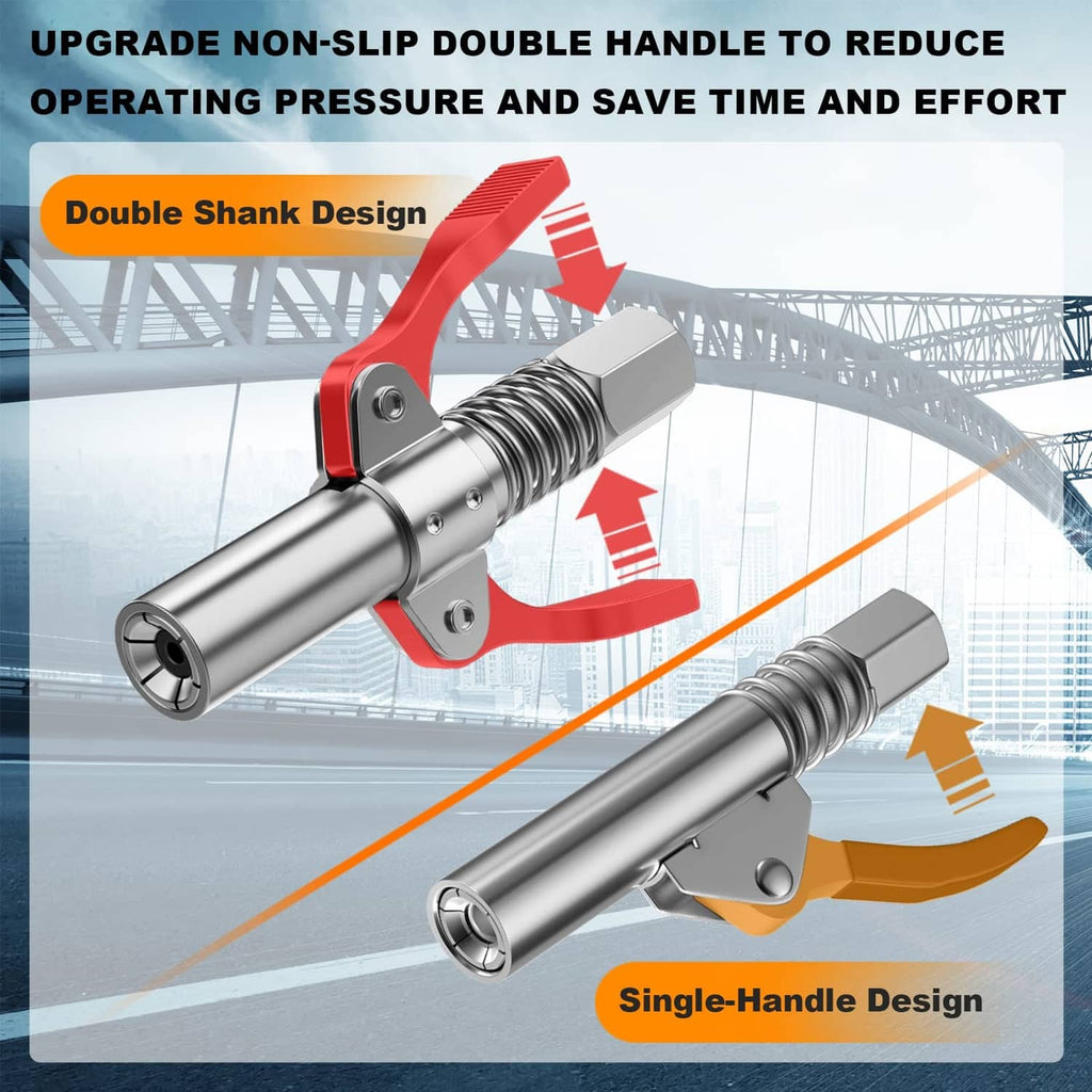 Grease coupler with double-handle spring clamp and threaded connection