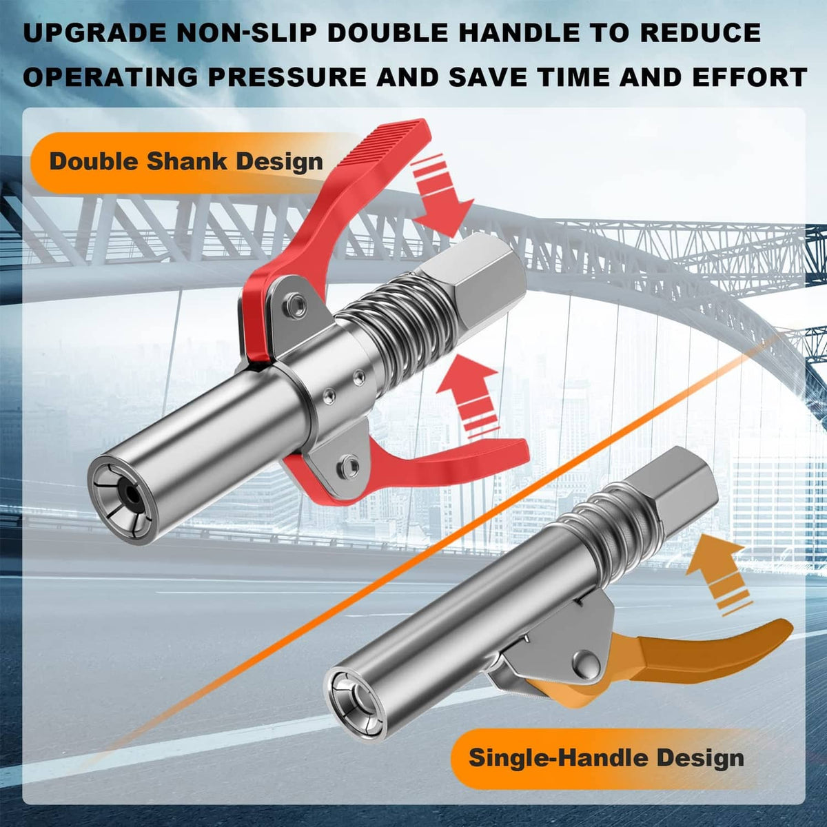 Grease coupler with double-handle spring clamp and threaded connection