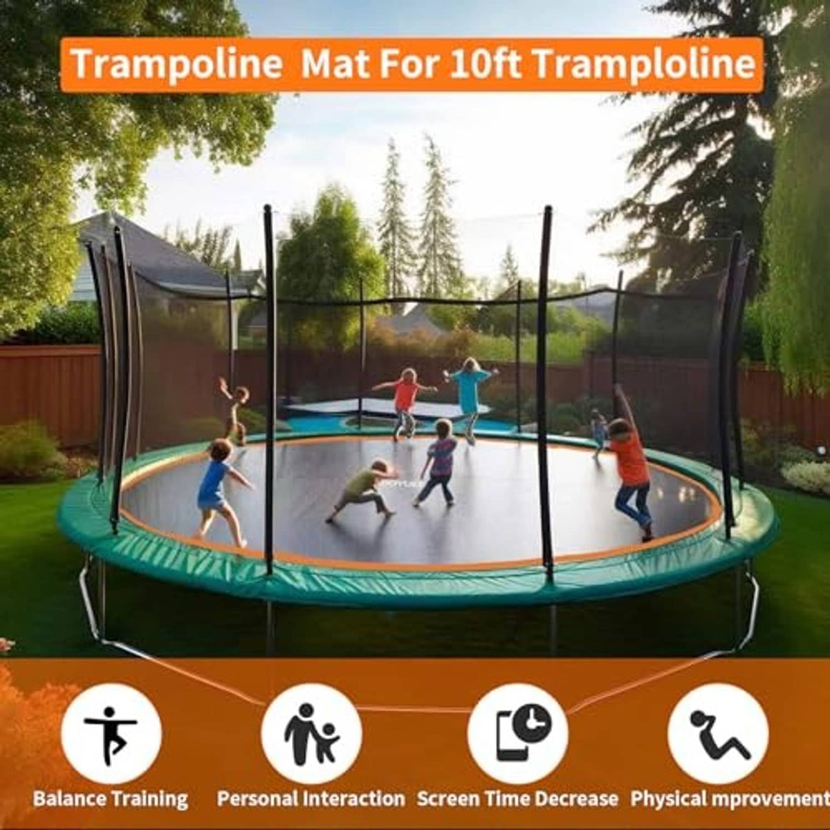 10FT trampoline mat, black with orange trim band and dense spring-ring attachment points