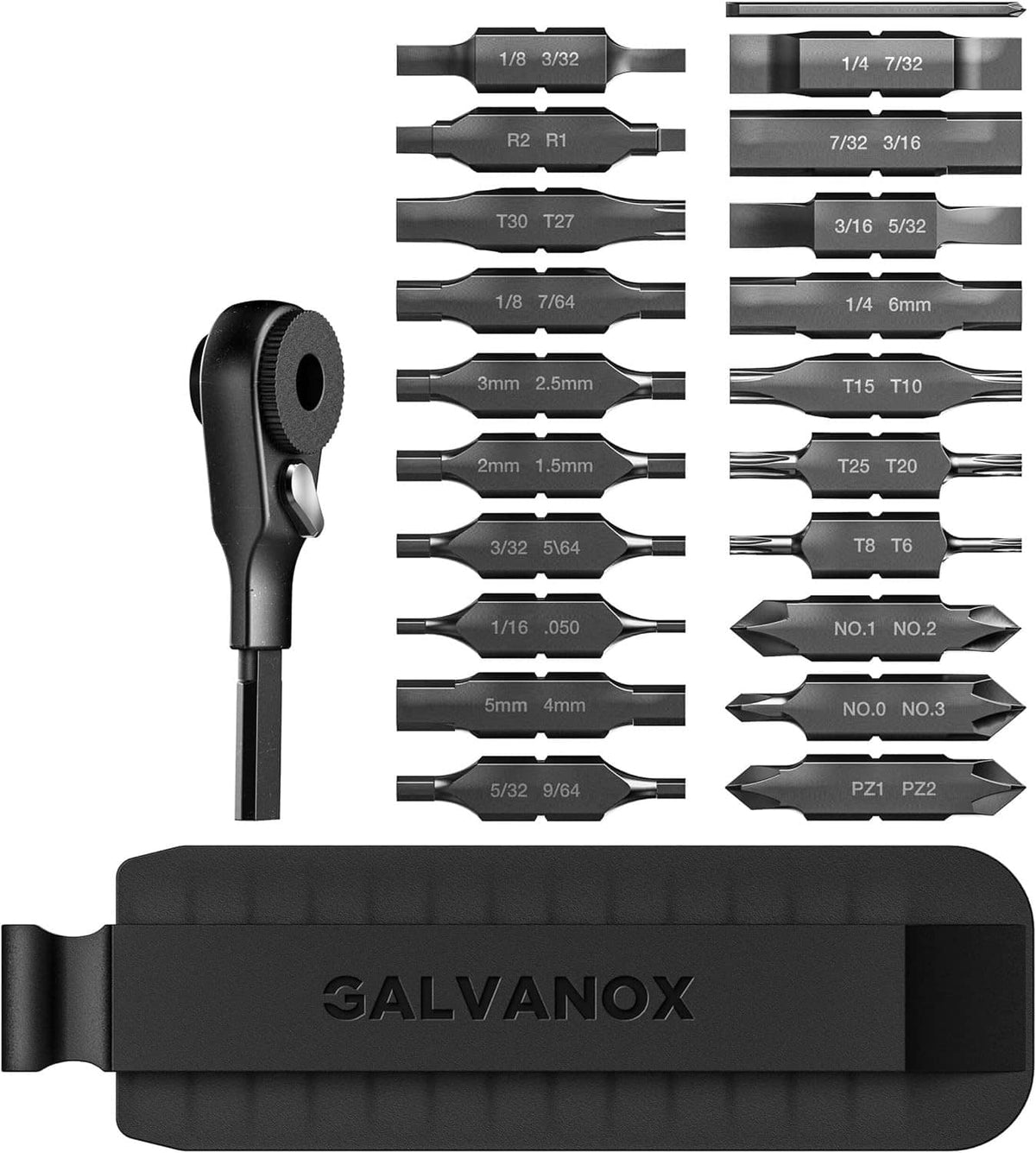 Black bit accessory set with GALVANOX case and hex/torx bits arranged