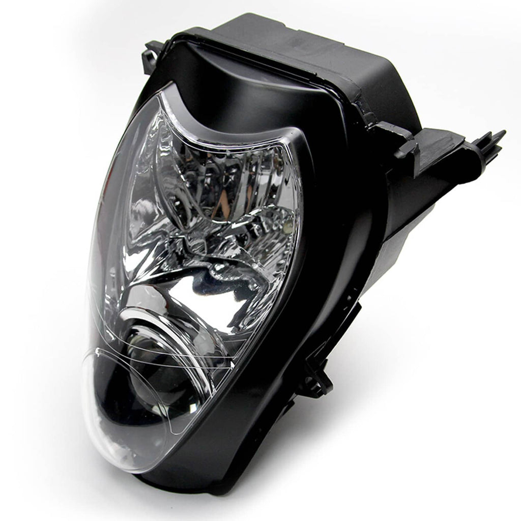 Motorcycle headlight assembly angled view with clear lens and black outer housing
