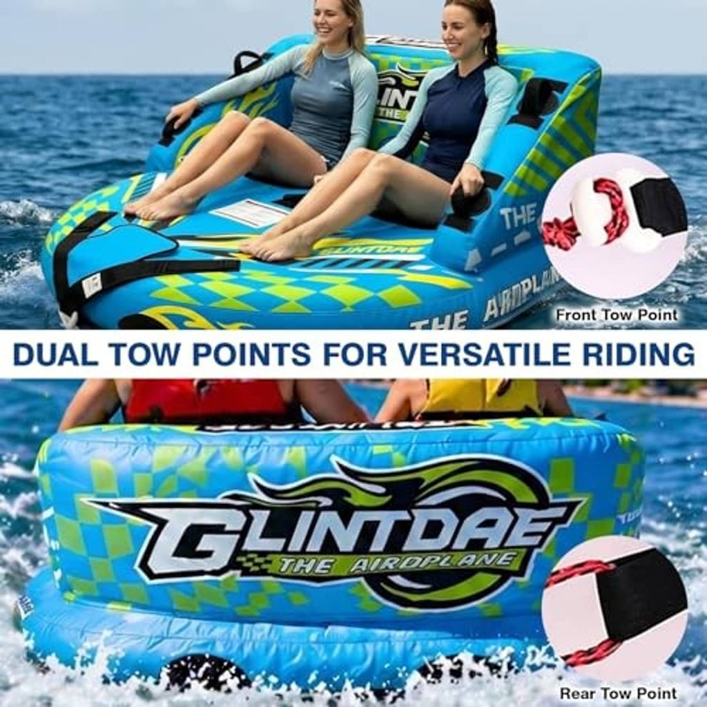 Inflatable towable tube with dual tow points, front and rear straps, and seated riders