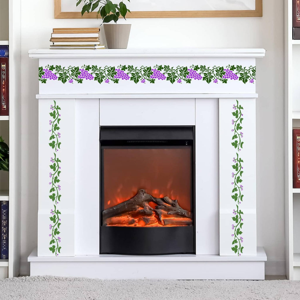 Leaf vine stencil border, green vines with purple flower accents above fireplace