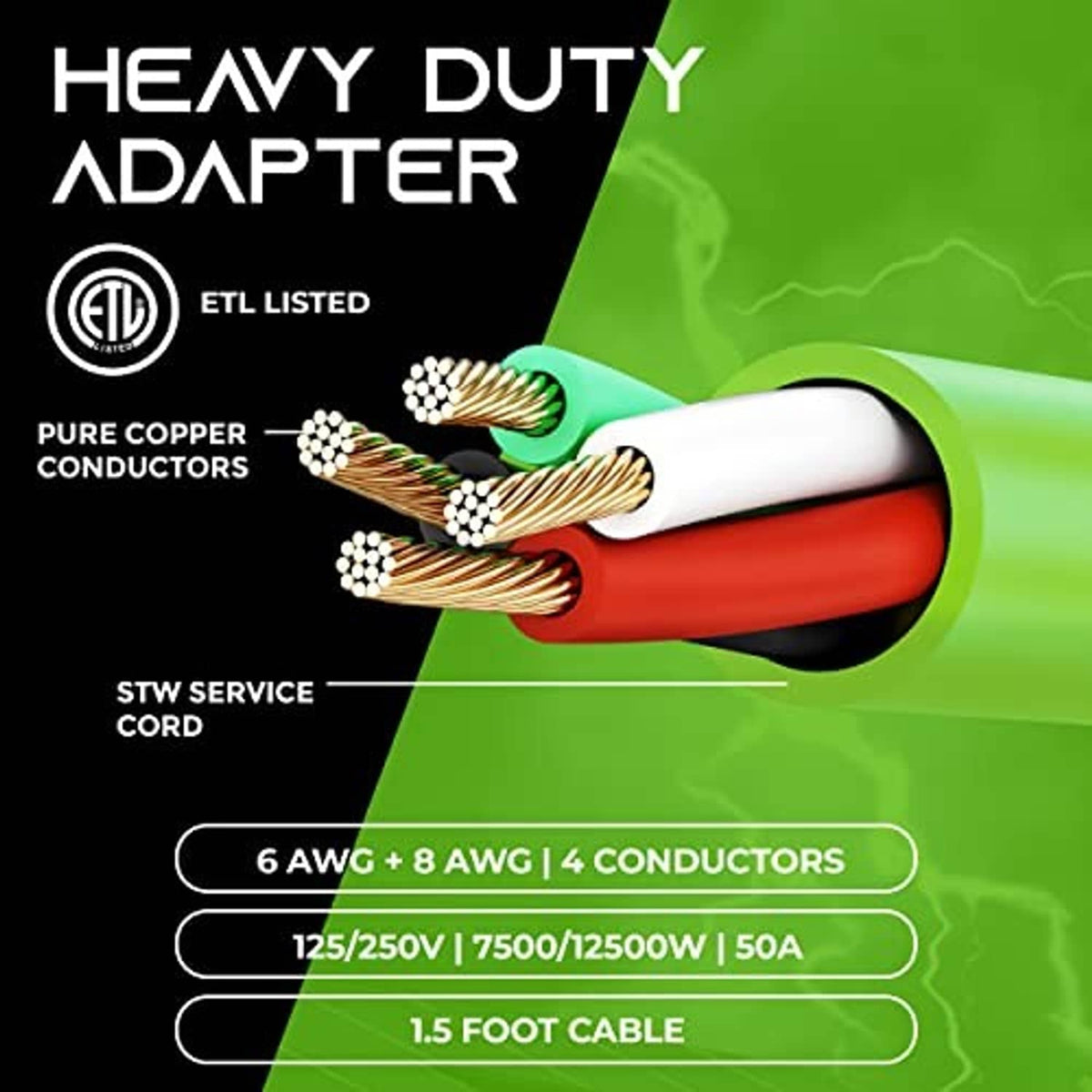 Heavy-duty 50 amp adapter cord with pure copper conductors, 1.5 ft, 4 conductors