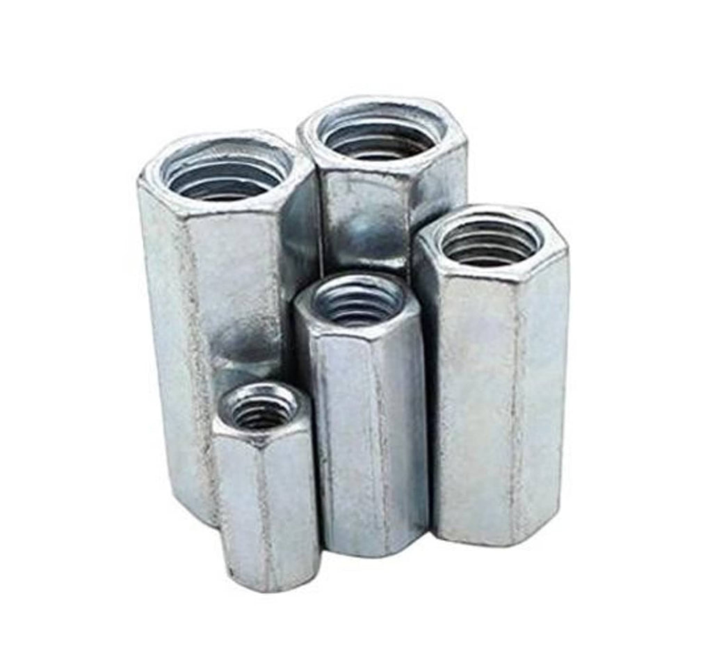 Zinc-plated hex coupler connectors with threaded openings, three-piece arrangement