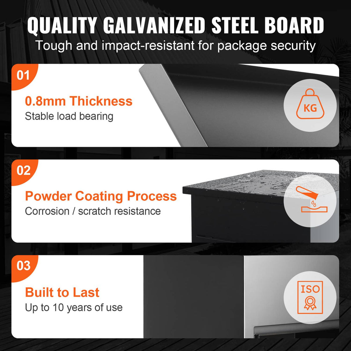 Galvanized steel outdoor mailbox body with thick, powder-coated construction