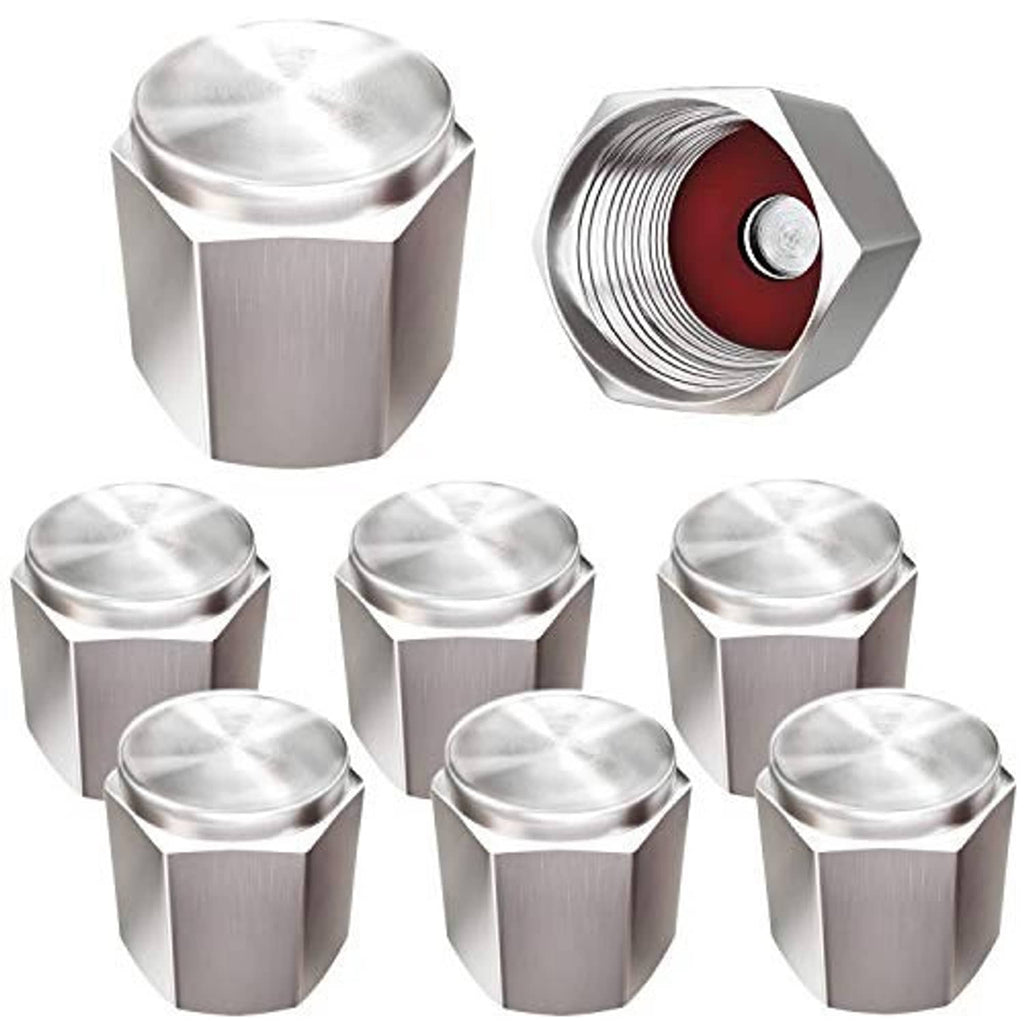 Multiple silver hex tire valve caps with red rubber-seal inserts, 8-pack style.