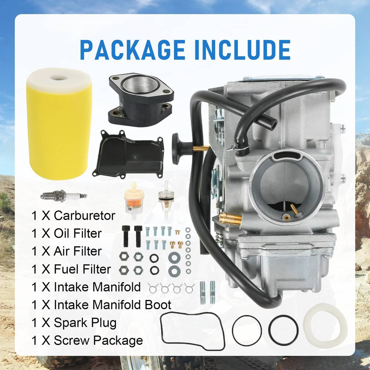 ATV carburetor kit with foam filter, fuel filter, oil filter, intake parts, and spark plug