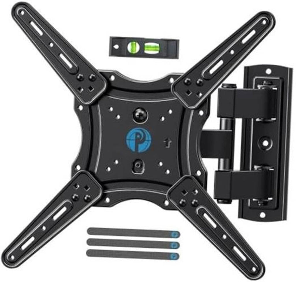 Full-motion TV wall mount bracket, black, four-arm swivel and tilt plates