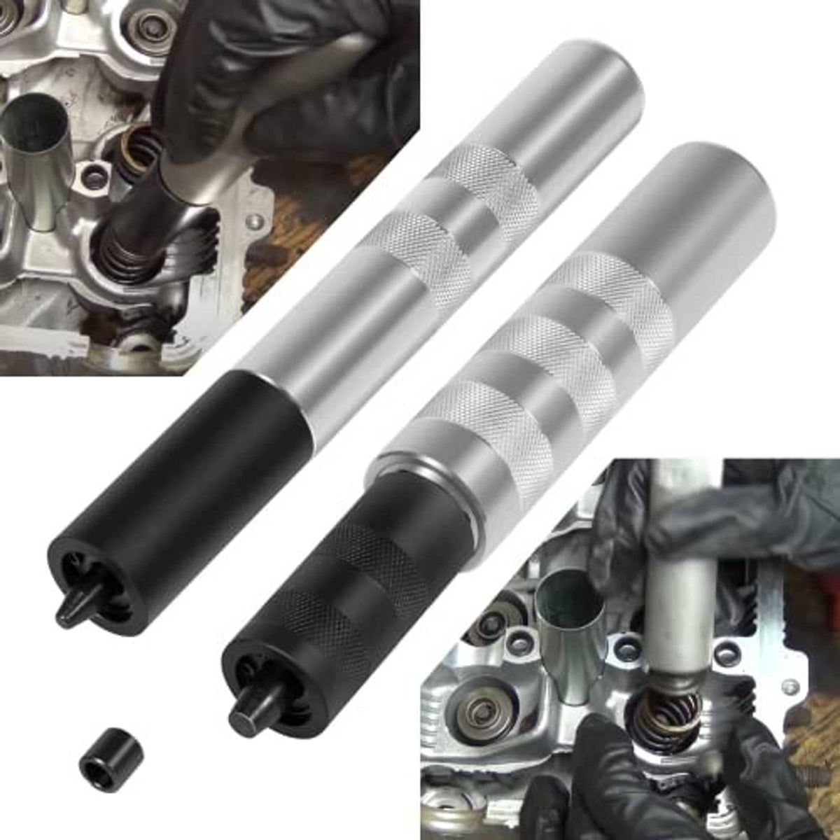 Valve spring tool kit: two textured silver cylinders with black ends and small plug