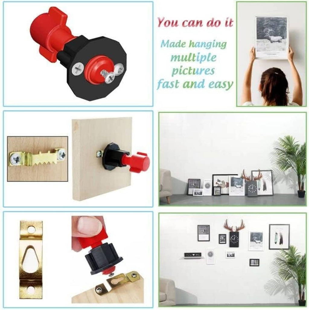Red frame hanging marker tool with black base and wall mounting punch pieces
