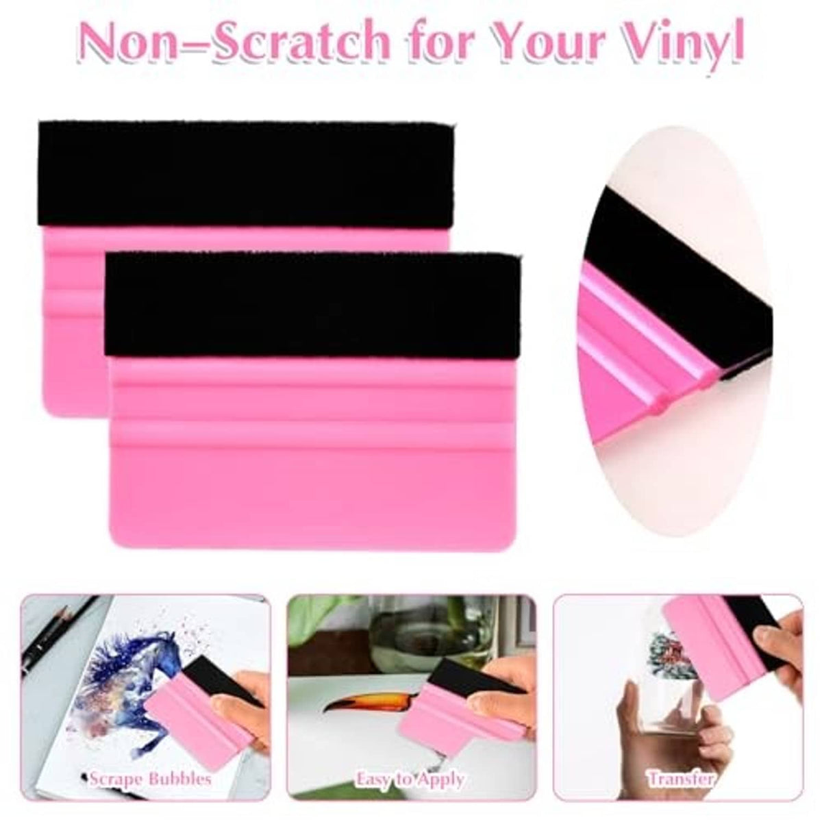 Pink vinyl squeegee with black felt edge pad, non-scratch style scraper head close-up