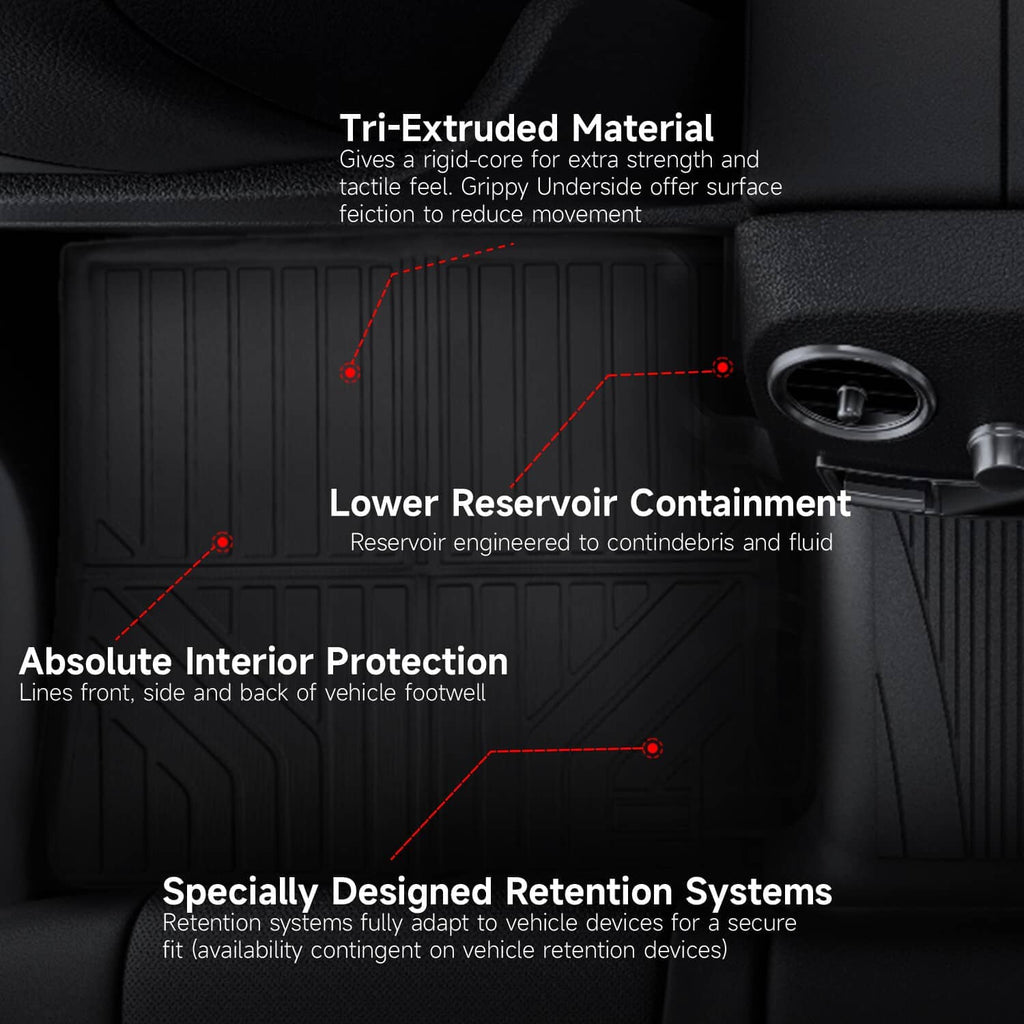 Black rubber floor mat with deep channels and contoured containment ribs