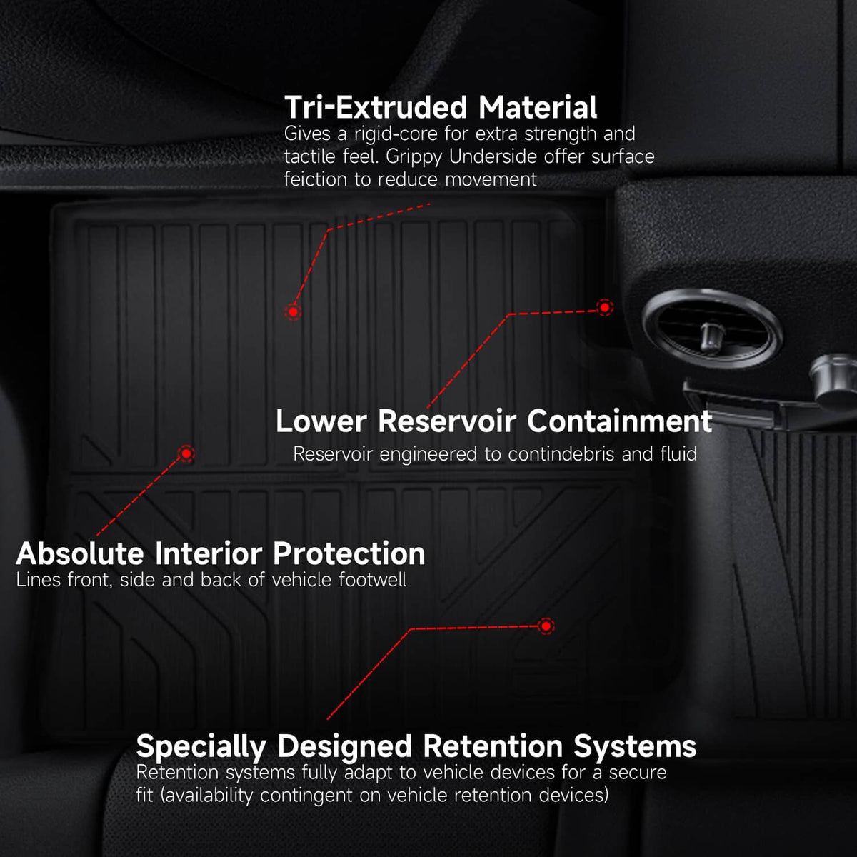 Black rubber floor mat with deep channels and contoured containment ribs