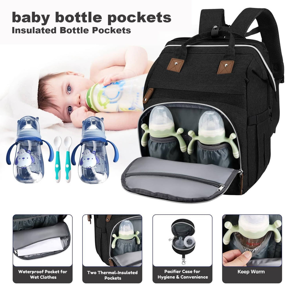 Black diaper bag backpack with insulated bottle pockets and zippered changing pad