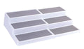 White 3-tier expandable plastic spice rack with gray perforated trays.