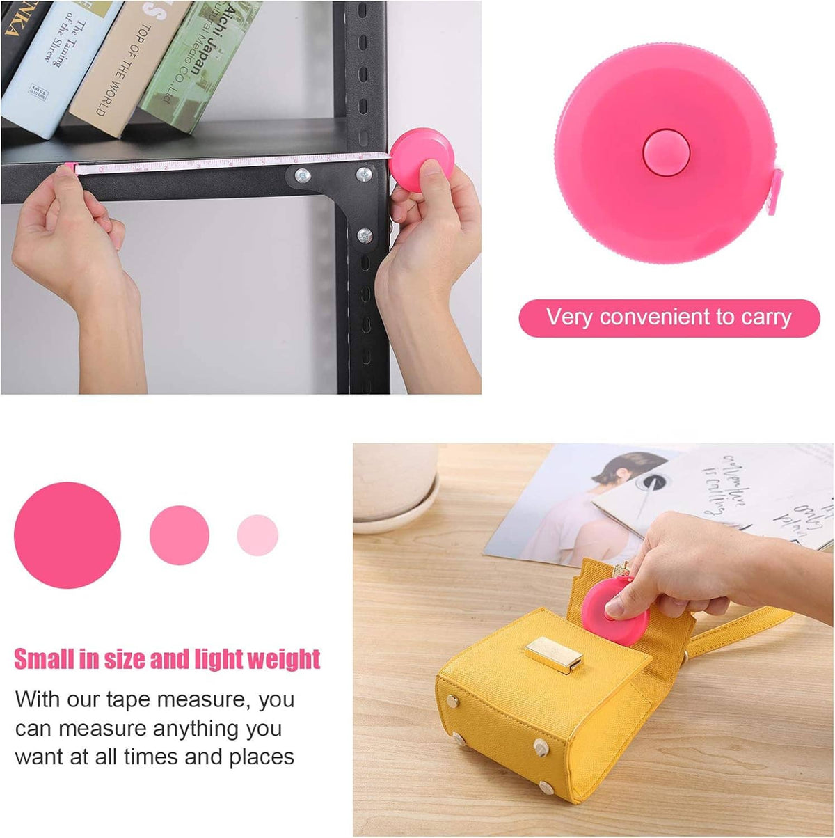 Retractable mini measuring tape with pink circular reel, tape extended