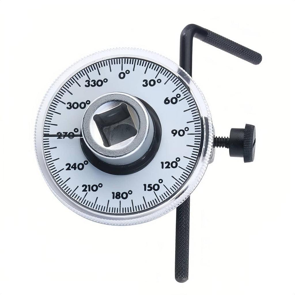 Torque angle gauge dial with black L-shaped handle and knurled adjustment knob