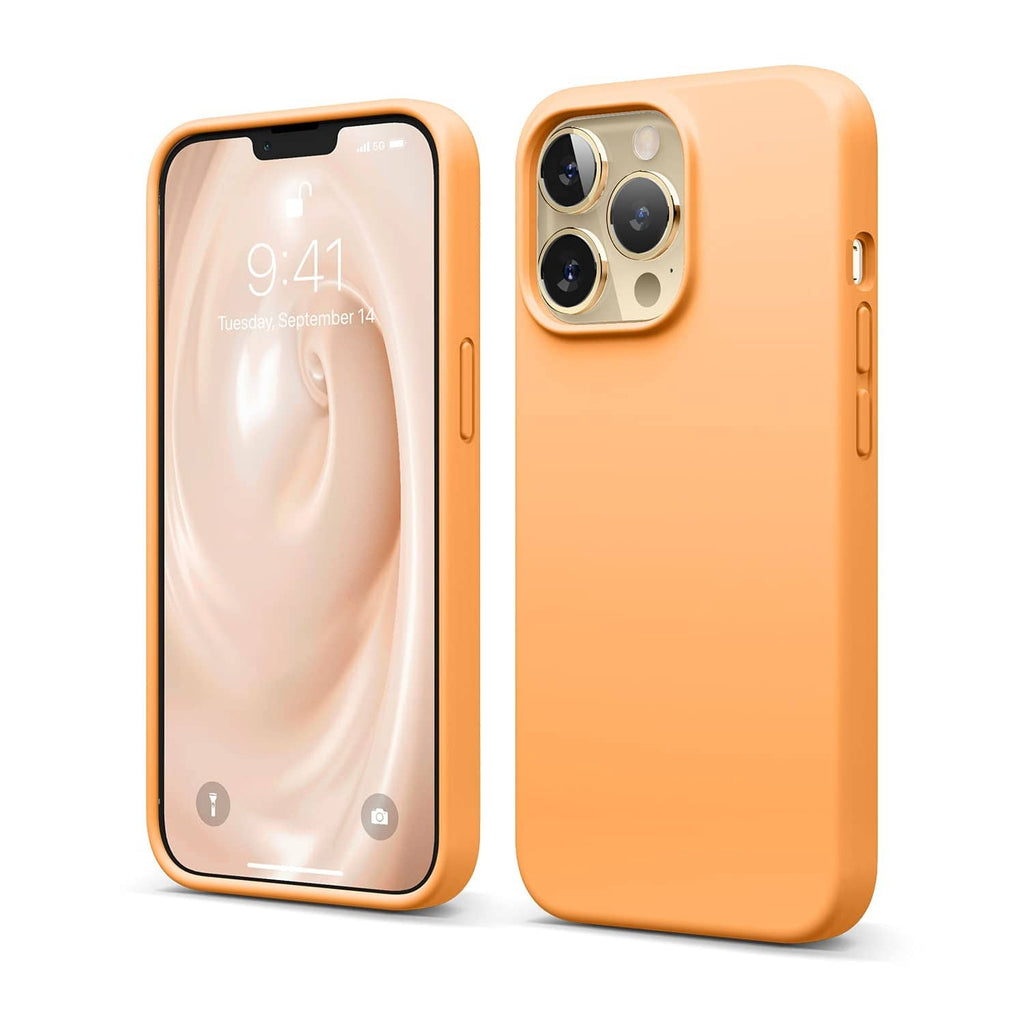 Orange silicone iPhone 13 Pro case with full coverage, camera cutouts, raised edges