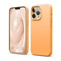 Orange silicone iPhone 13 Pro case with full coverage, camera cutouts, raised edges