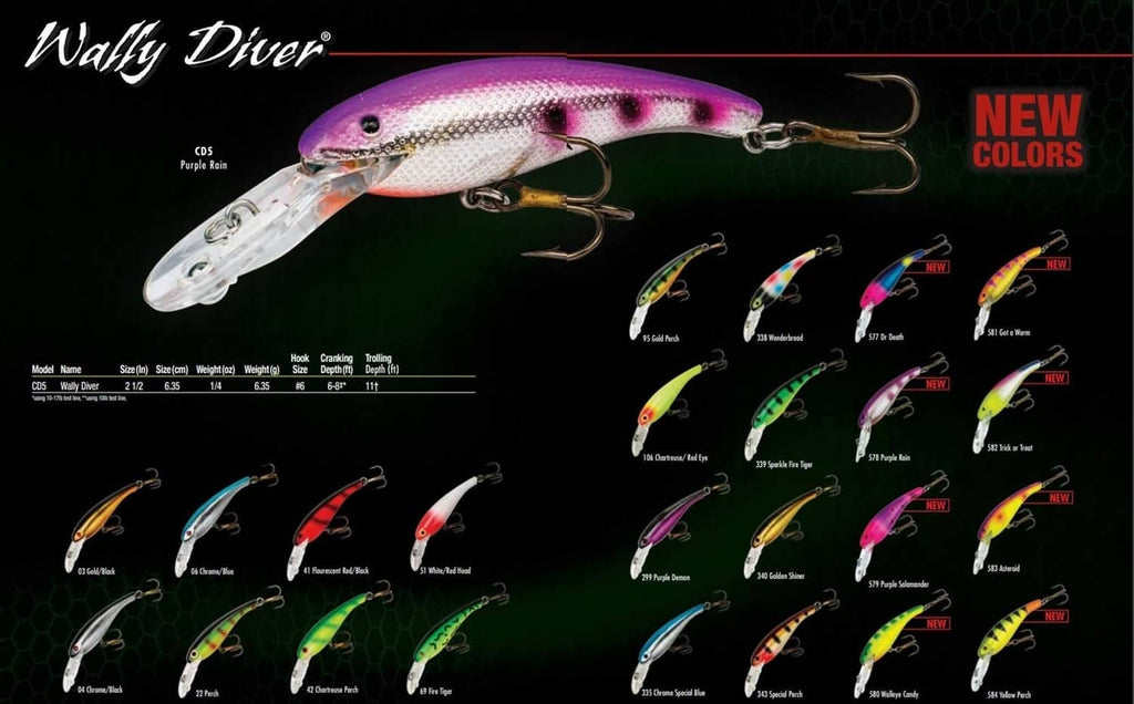 Wally Diver crankbait color chart with multiple bait colors and “NEW COLORS” label