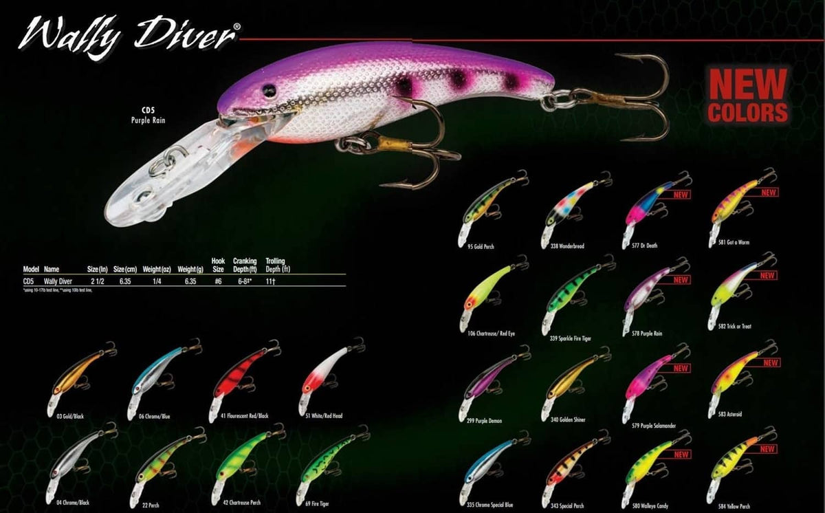 Wally Diver crankbait color chart with multiple bait colors and “NEW COLORS” label
