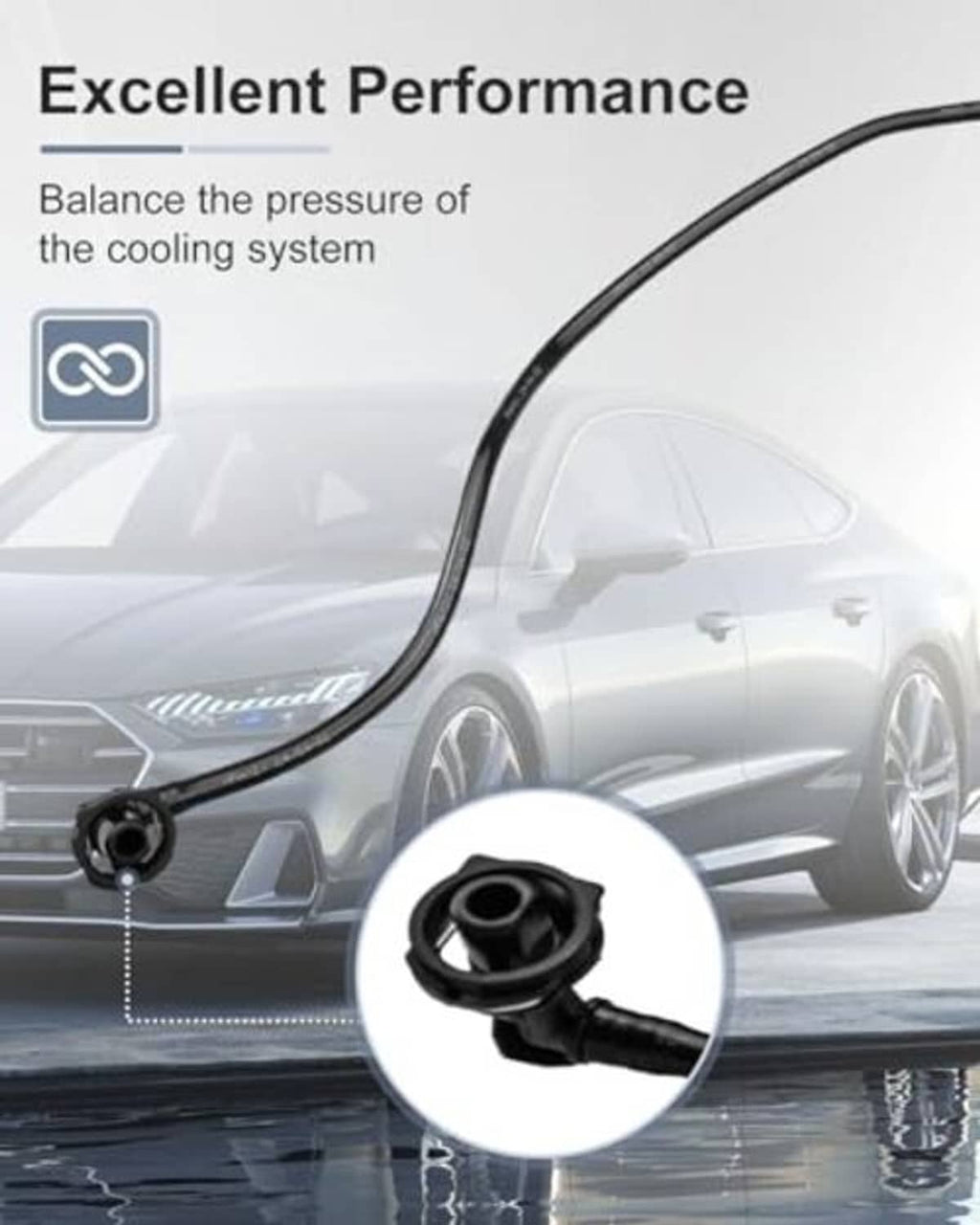 Engine coolant overflow hose with black connector and circular mount