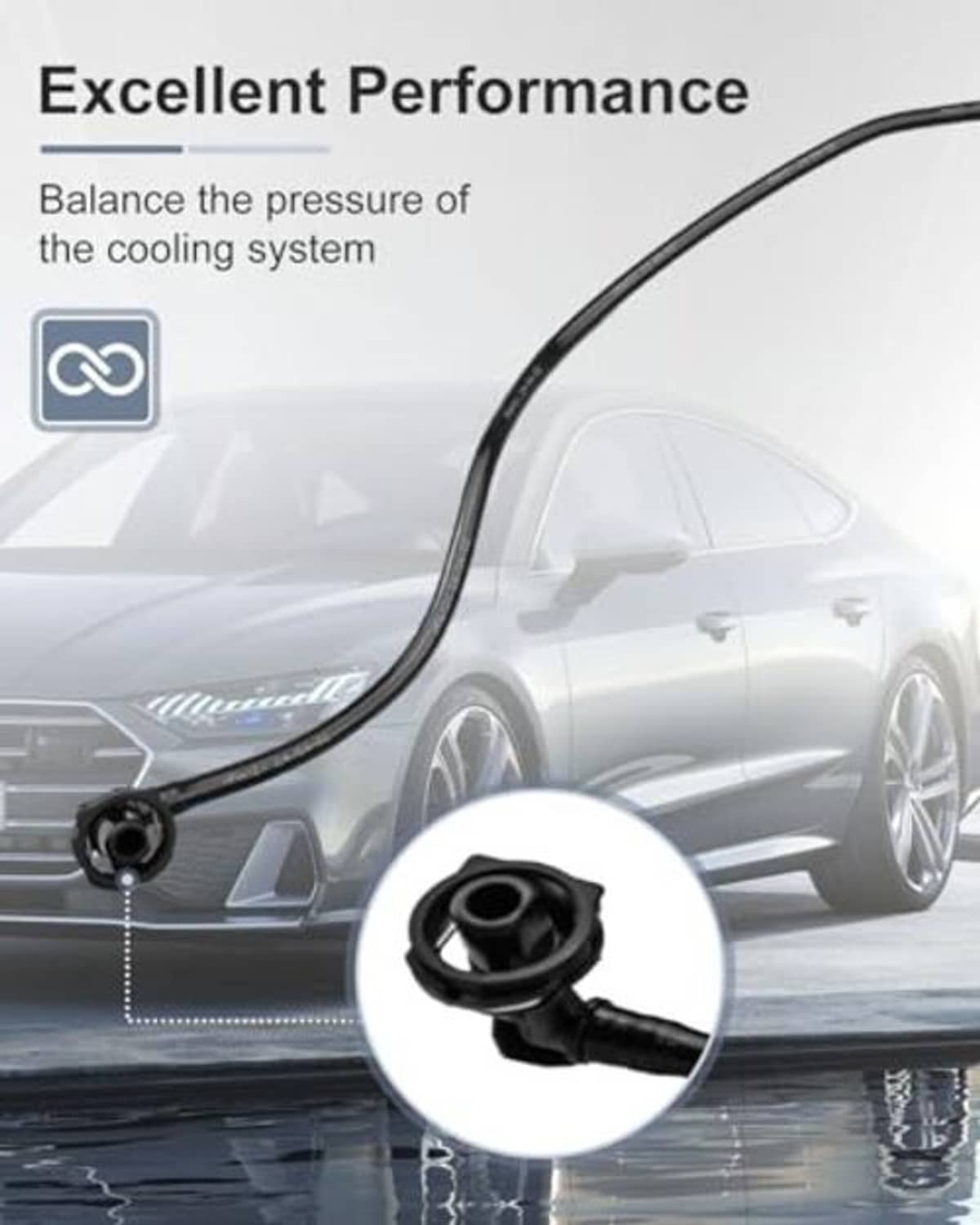 Engine coolant overflow hose with black connector and circular mount